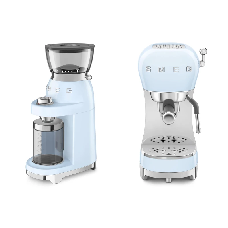 Smeg 50s Style Espresso Coffee Machine and 50's Style Electric Coffee Grinder Pastel Blue CGF03PBUK / ECF02PBUK