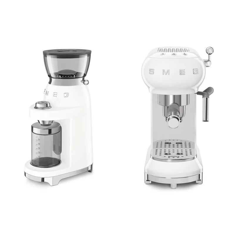 Smeg 50s Style Espresso Coffee Machine and 50's Style Electric Coffee Grinder White ECF02WHUK / CGF03WHUK