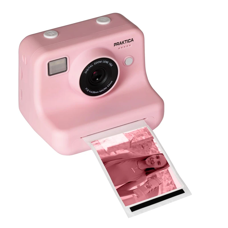 Praktica KP1 Kids Instant Camera – Pink, Dual Lens with Sticker Rolls, Sticker Book & 8GB Micro SD Card for Parties, Playdates & Creative Fun