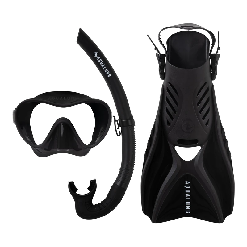 Aqualung Neos – Complete Snorkeling Pack with Frameless Mask + Snorkel + Adjustable Fins Open Heel, Tempered Glass, Compact Travel, Adult