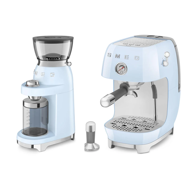 Smeg 50's Style Electric Coffee Grinder and 50’s Style Espresso Coffee Machine with Cold Brew Function Pastel Blue CGF03PBUK / ECF03PBUK