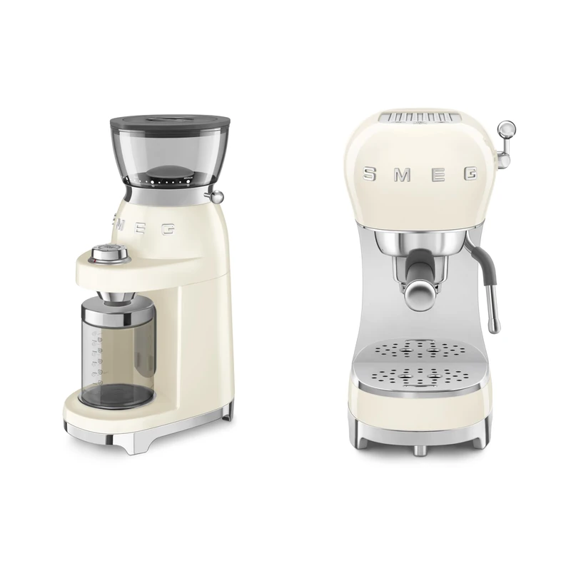 Smeg 50s Style Espresso Coffee Machine and 50's Style Electric Coffee Grinder Cream CGF03CRUK / ECF02CRUK