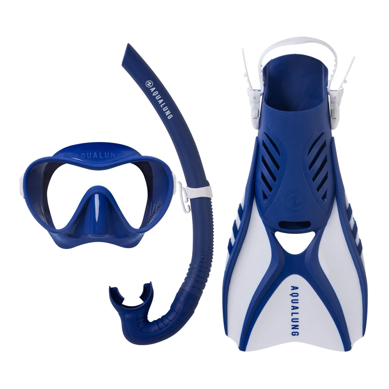 Aqualung Neos – Complete Snorkeling Pack with Frameless Mask + Snorkel + Adjustable Fins Open Heel, Tempered Glass, Compact Travel, Adult