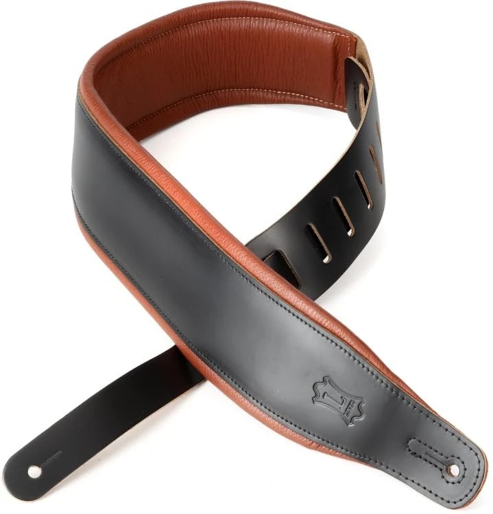 Levy's Leathers 3" Wide Amped Leather Series Guitar Strap with Foam Padding, Black with Tan Garment Backing, (M26PD-BLK-TAN) - Image 1