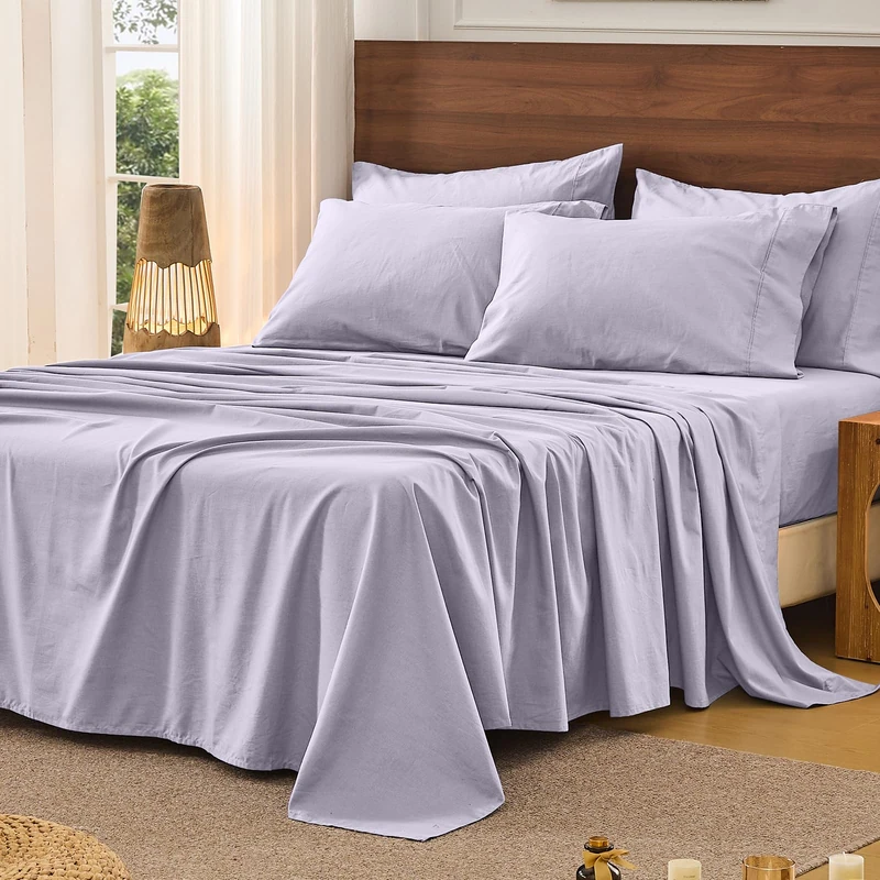Bedlifes 100% French Pure Linen Sheets King Size Breathable and Cooling Flax Sheet Set Soft Durable and Moisture Wicking 16 Inch Deep Pocket-4 Piece(King,Lavender)