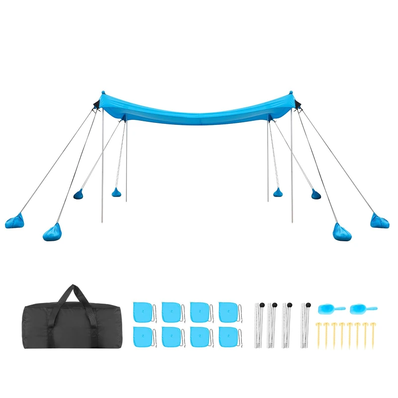 VEVOR Beach Awning Sun Protection UPF 50+ Portable 3 x 3 x 2 m, Beach Tent Sun Shade with Sand Bags Anchor Support Poles, Camping Trips Fishing Travel, Blue