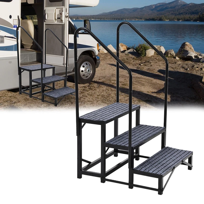 3 Step Caravan Stairs with Single Handrail, Heavy Duty Motorhome Steps for Static Caravan, Non-Slip Hot Tub Steps with Mats, 300kg Capacity, Portable Steps for Campervan, Spa, Outdoor Pool, Pets