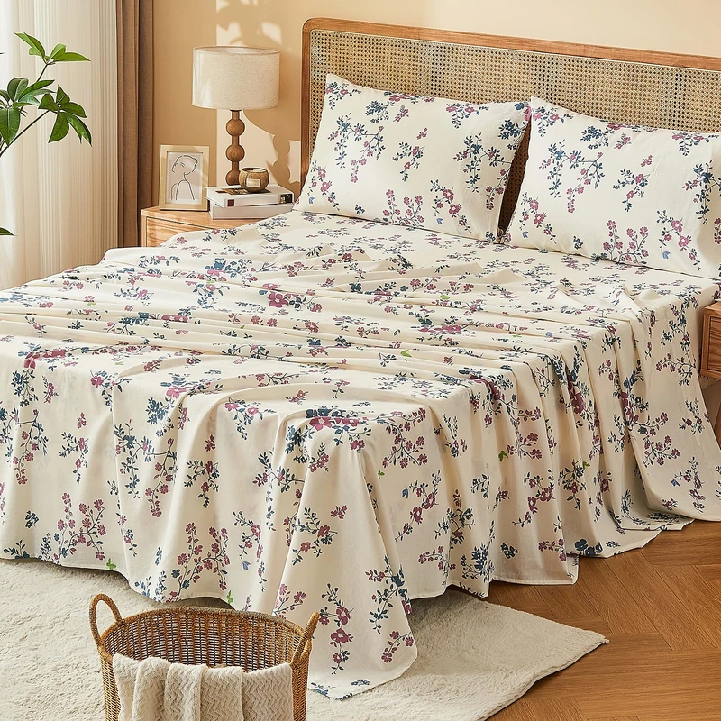 Bedlifes 100% French Linen Sheets King Size – Floral Printed, Botanical Pattern Breathable Cooling Sheet Set, 16" Deep Pocket, 4-Piece (King, Floral Red)