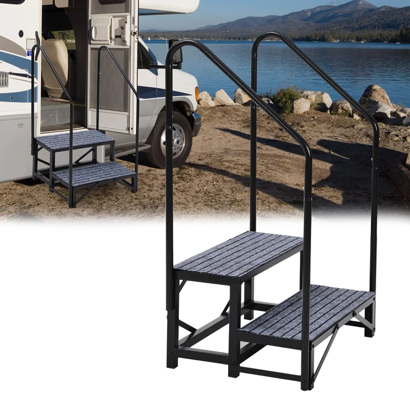 Garvee 2 Step Caravan Stairs with Single Handrail, Heavy Duty Motorhome Steps for Static Caravan, Non-Slip Hot Tub Steps with Mats, 300kg Capacity, Portable Steps for Campervan, Spa, Outdoor Pool