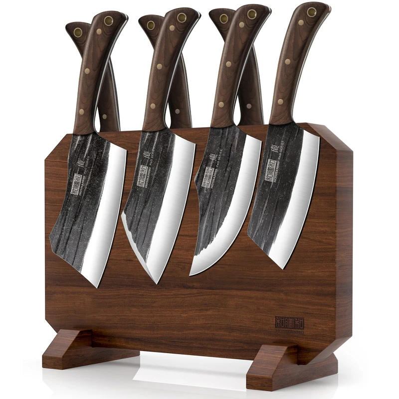 HOSHANHO 8 Pieces Butcher Kitchen Knife Set, Hand Forged High Carbon Stainless Steel Magnetic Knife Block Set, Ultra Sharp Chef Knives Set with Meat Cleaver Knife & Bone Chopper Knives Gift for Men - Image 1