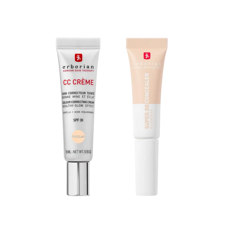 Erborian - CC Cream with Centella Asiatica Porcelain 15 ml - Color Correcting Cream + Super BB Concealer Ivory 10 ml - High-Coverage Treatment Concealer Enriched