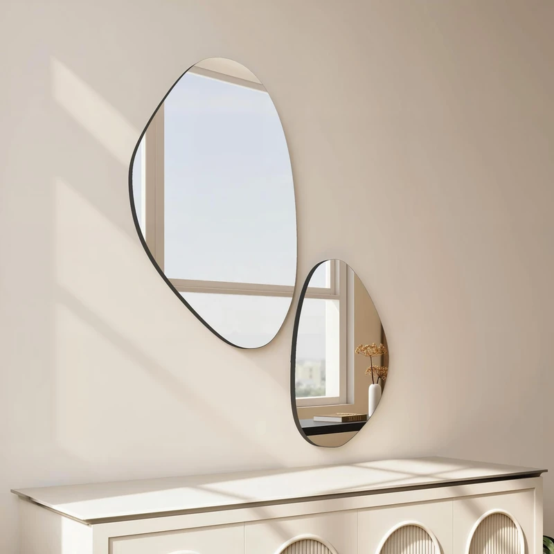 HOMCOM Irregular Wall Mirror, Pebble-Shaped Asymmetrical Hanging Wall Mirror with Metal Frame for Living Room, Entryway, Bedroom, Hallway, 70 x 46 cm, 49.5 x 31 cm, Set of 2, Black