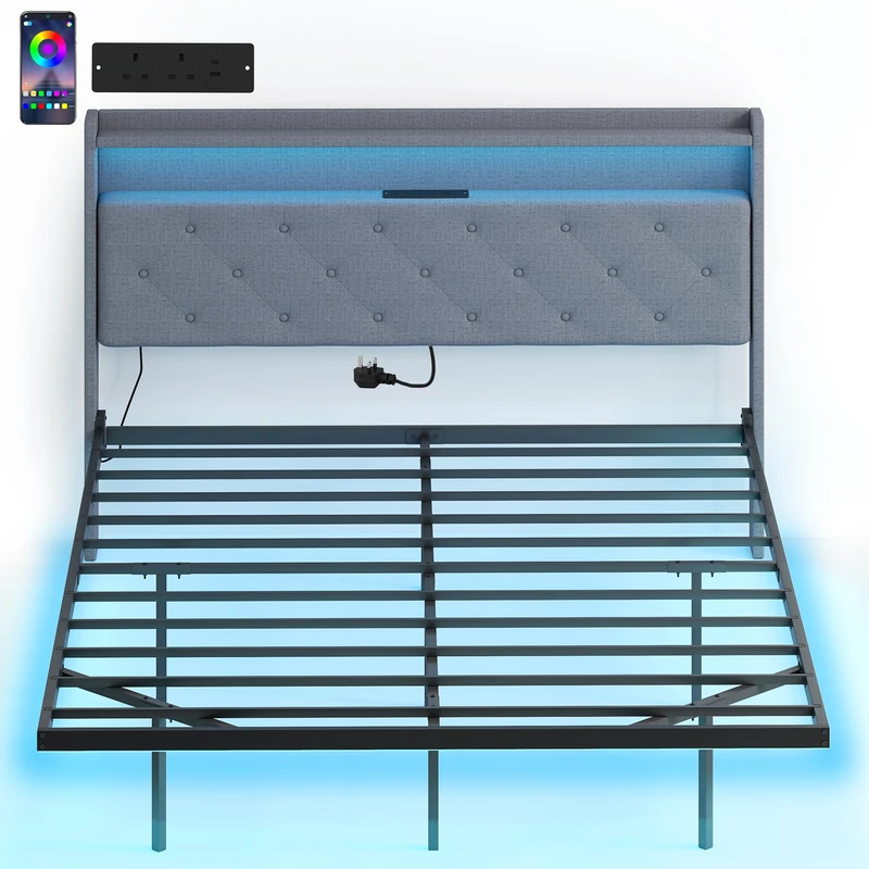 HOMCOM 5ft King Size Bed Frame, Floating Bed Frame with Music Sync RGB LED Lights and Charging Station, Upholstered Headboard with Storage Shelves, No Box Spring Needed, Noise Free, Grey