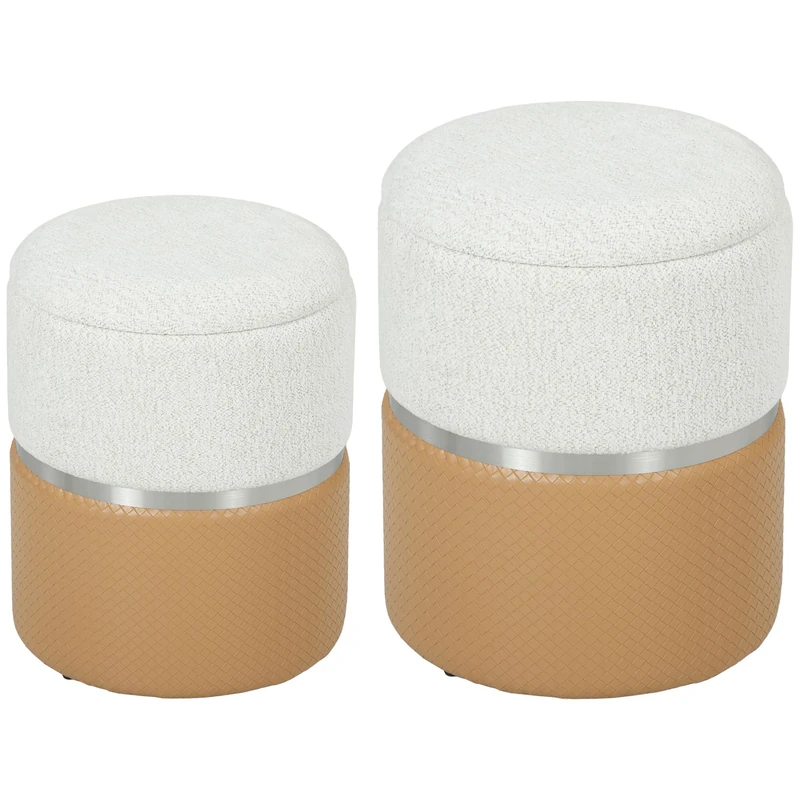 HOMCOM Set of 2 Round Ottoman with Storage, Nesting Storage Ottoman, Chenille & PU Leather Vanity Stool for Makeup, Footrest Stool with Removable Lid for Bedroom Living Room, Cream and Brown