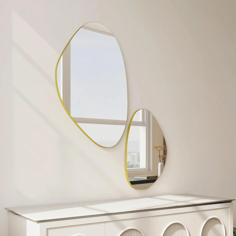 HOMCOM Irregular Wall Mirror, Pebble-Shaped Asymmetrical Hanging Wall Mirror with Metal Frame for Living Room, Entryway, Bedroom, Hallway, 70 x 46 cm, 49.5 x 31 cm, Set of 2, Gold Tone