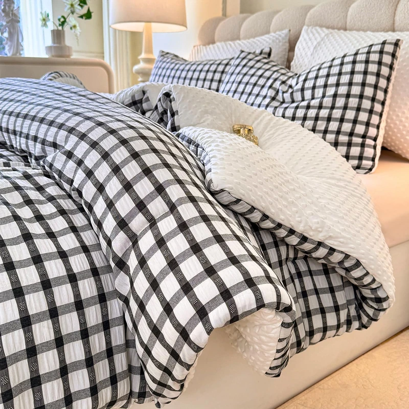 tohrisa Boho Comforter Set Twin Size - 2 Pieces Lightweight Jacquard Seersucker Bedding Sets (1 Soft Fluffy Grid Comforter & 1 Pillowcase) - All Seasons Cozy Modern Bed Set(68"x90" Black)