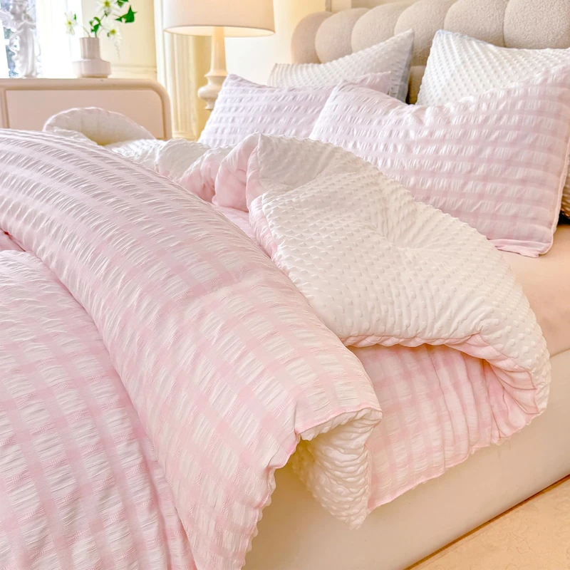 tohrisa Boho Comforter Set Queen Size - 3 Pieces Lightweight Jacquard Seersucker Bedding Sets (1 Soft Fluffy Grid Comforter & 2 Pillowcases) - All Seasons Cozy Modern Bed Set(90"x90" Blush Pink)
