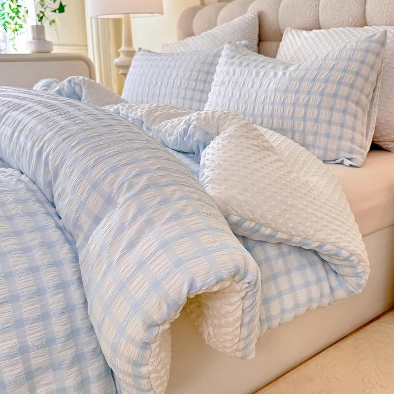 tohrisa Boho Comforter Set Full Size - 3 Pieces Lightweight Jacquard Seersucker Bedding Sets (1 Soft Fluffy Grid Comforter & & 2 Pillowcases) - All Seasons Cozy Modern Bed Set(80"x90" Light Blue)