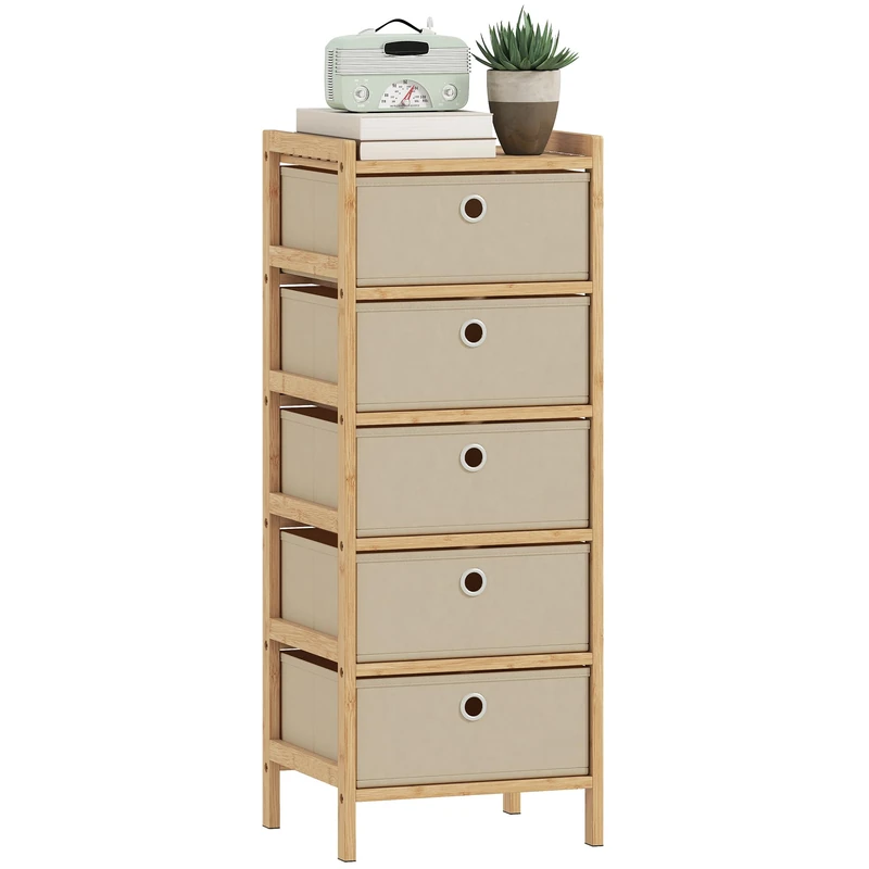 HOMCOM Chest of Drawers with Bamboo Frame, 5 Fabric Drawers, Cream White