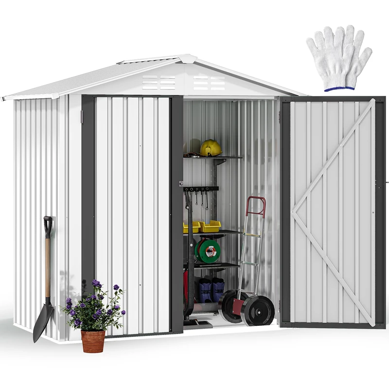 DWVO 6x4 FT Metal Garden Shed, Outdoor Storage Shed with Lockable Door & Sloping Roof, Galvanised Steel Tool Shed for Backyard, Patio, Garden,Weatherproof,Weatherproof, White