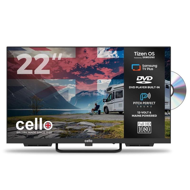 Cello Ctrav-22TZF 22" Tizen OS Smart LED, 12V Traveller TV/DVD, By Samsung, Pitch Perfect Speakers, Netflix, Prime Video, Bluetooth, HDMI, USB, UK Made, Small TV for Motorhomes, HGVs & Boats