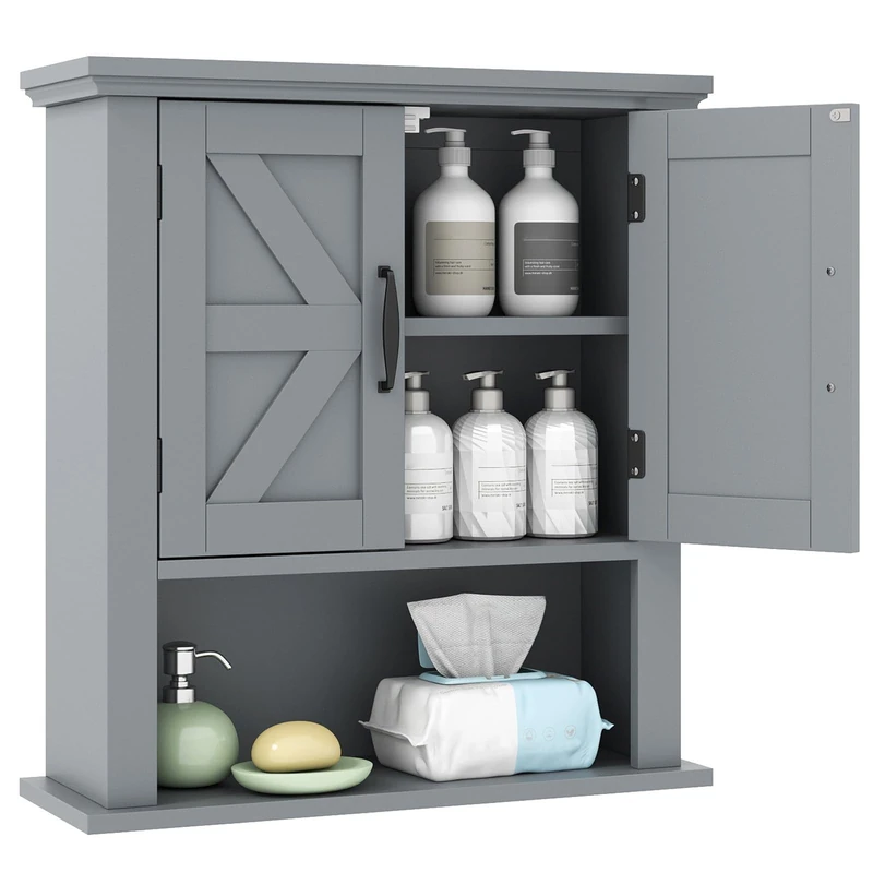 RELAX4LIFE Double Door Wall Mounted Bathroom Cabinet, Over The Toilet Storage with 2 Doors and Adjustable Shelves, Wooden Bathroom Cupboard for Living Room Kitchen (with Open Compartment, Grey)