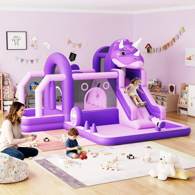 Bounce House, Inflatable Dinosaur Bouncer with Slide and Air Blower, Oxford Cloth Jumping Castle for Kids, Durable Sewn Bouncy House with Large Play Area for Backyard, Indoor & Outdoor, Purple