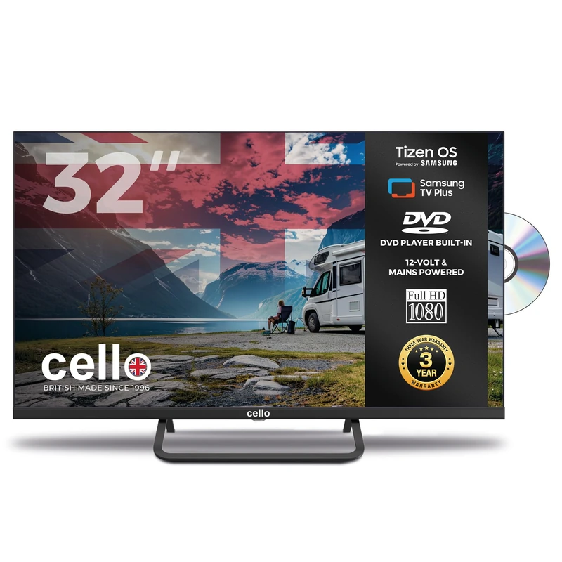Cello Ctrav -32TZF 32" Tizen OS Smart LED 12V Traveller TV/DVD, By Samsung, 3 Years Warranty, Pitch Perfect Speakers, Netflix, Prime Video, Bluetooth, UK Made, Ideal for Motorhomes