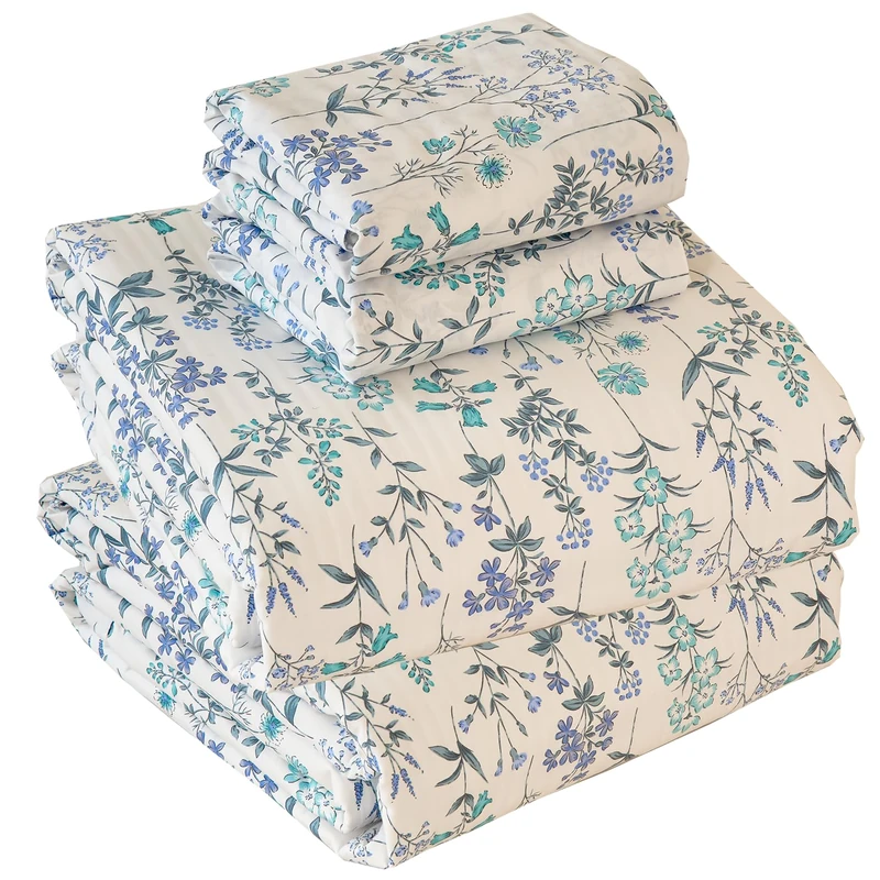 Zusbest Floral Sheets Full Size 100% Cotton Teal Bed Sheet Set, Soft Breathable for Hot Sleepers, Shabby Vintage Botanical Pattern White Bed Set Deep Pocket 17.5‘’, 4Pcs,Full