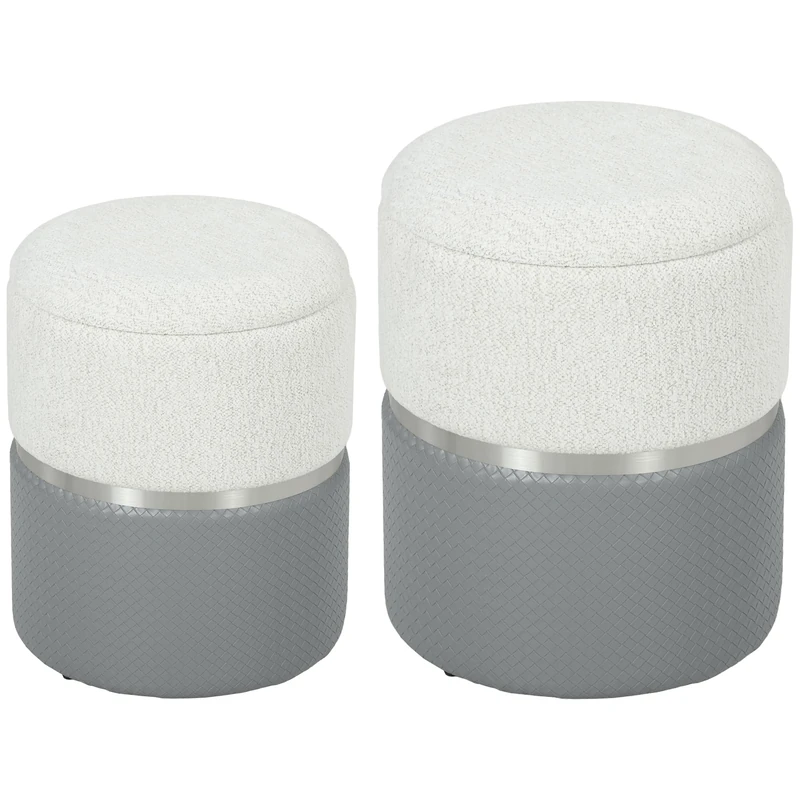 HOMCOM Set of 2 Round Ottoman with Storage, Nesting Storage Ottoman, Chenille & PU Leather Vanity Stool for Makeup, Footrest Stool with Removable Lid for Bedroom Living Room, Cream and Grey