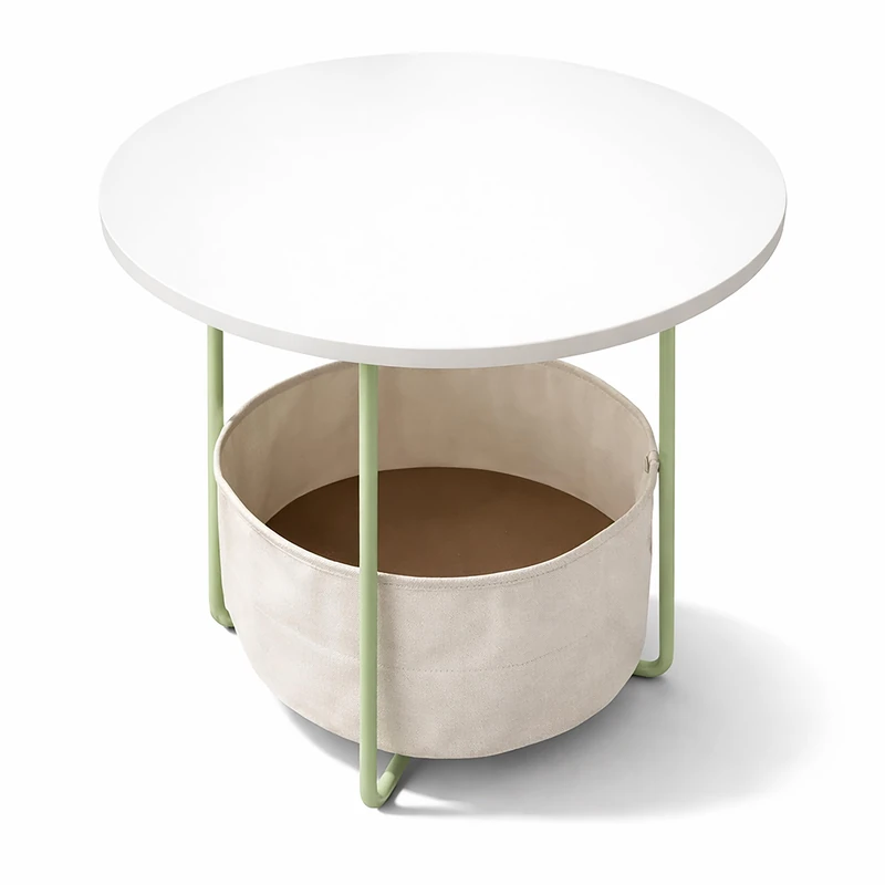 Relaxdays Round Side Table with Fabric Basket, 50x45x45cm, MDF & Metal, Sage Cream Coffee Table for Living Room