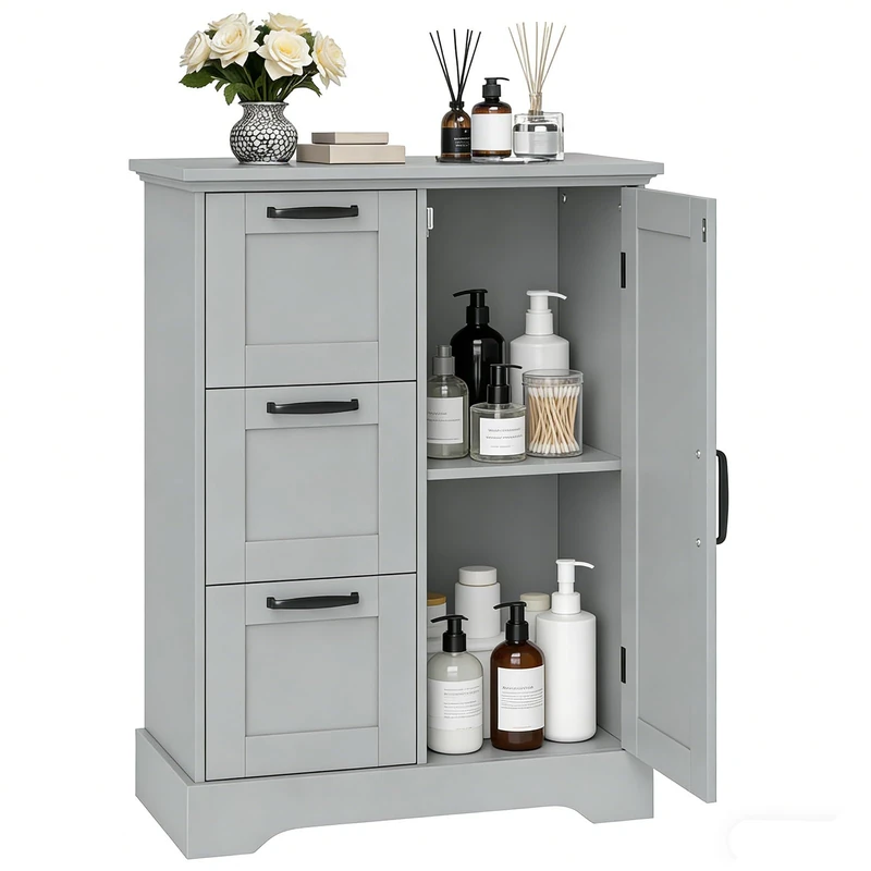 RELAX4LIFE Bathroom Floor Cabinet, Free Standing Bathroom Storage Unit with 3 Drawers & 1 Door, Space Saving Wooden Side Cabinet Bathroom Organizer Unit for Living Room Hallway Kitchen
