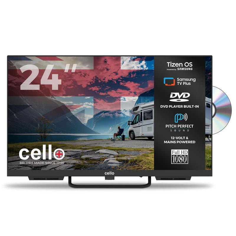 Cello Ctrav-24TZF 24" Tizen OS Smart LED, 12V Traveller TV/DVD, By Samsung, Pitch Perfect Speakers, Netflix, Prime Video, Bluetooth, HDMI, USB, UK Made, Small TV for Motorhomes, HGVs & Boats