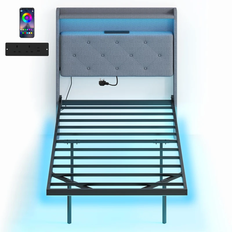 HOMCOM 3ft Single Size Bed Frame, Floating Bed Frame with Music Sync RGB LED Lights and Charging Station, Upholstered Headboard with Storage Shelves, No Box Spring Needed, Noise Free, Grey
