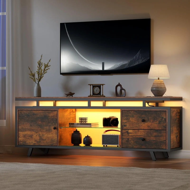Feonase TV Stand Cabinet for 65 Inch TV, Entertainment Center with LED Light & Power Outlet， Modern Wood Media TV Console with Storage Drawers and Glass Shelves for Living Room, Bedroom (Brown)
