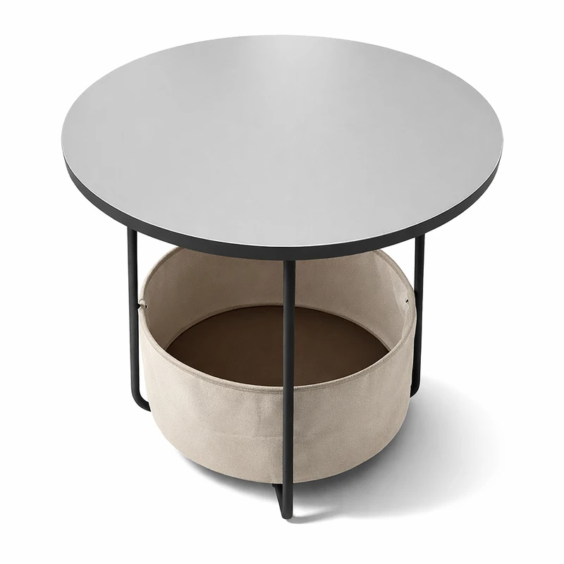 Relaxdays Round Coffee Side Table with Fabric Basket, MDF & Metal, 50x45x45 cm, Grey-Cream