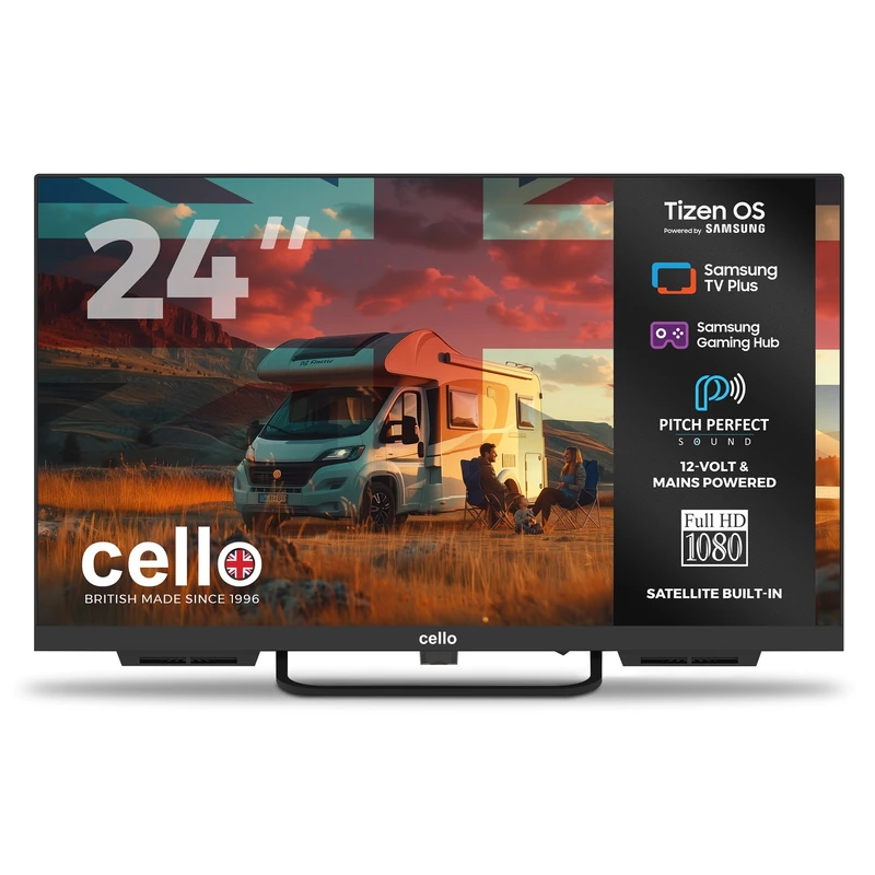 Cello Ctrav-24TZ 24" Tizen OS Smart LED 12V Traveller TV, By Samsung, Built in Satellite, Gaming Hub, Pitch Perfect Speakers, Bluetooth, Netflix, UK Made, ideal for Motorhomes, HGVs & Boats