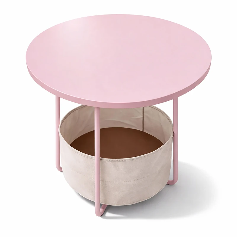 Relaxdays Round Side Table with Fabric Basket, MDF & Metal, H 50 x D 45 cm, Pink-Cream for Living Room