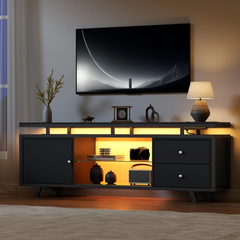 Feonase TV Stand Cabinet for 65 Inch TV, Entertainment Center with LED Light & Power Outlet， Modern Wood Media TV Console with Storage Drawers and Glass Shelves for Living Room, Bedroom (Black)
