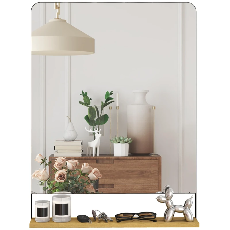 HOMCOM Wall Mirror with Wood Shelf, 80 x 60 cm Decorative Rectangular Mirror with Metal Frame for Entryway, Living Room, Bathroom, Black - Image 1