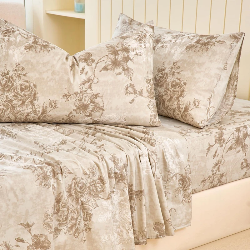Zusbest Floral Sheets Full Size 100% Cotton Beige Bed Sheet Set, Soft Breathable for Hot Sleepers, Luxury Shabby Vintage Rose Pattern Tan/Khaki Bed Set Deep Pocket 17.5‘’, 4Pcs, Full