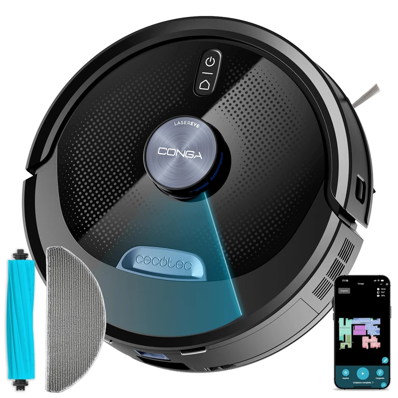 Cecotec Robot Vacuum Cleaner and Floor Cleaner with Ia Conga M90 Dark. Laser Navigation, Power 25000 Pa, Autonomy 240 min, Silicone Pet Brush, Bluetooth WiFi, App for Smart Cleaning