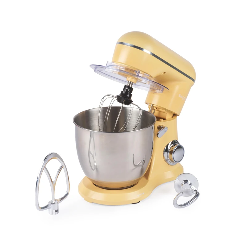 Salter British Bakes Stand Mixer – 5L Food Mixer for Baking, 1300W, 10 Speeds, Easy Control Dial, Removeable Splash Guard, Yellow Electric Kitchen Appliance with Whisk, Dough Hook and Beater