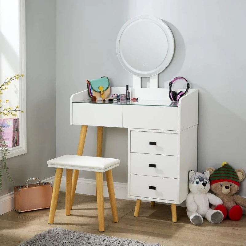 Home Source Nova White Dressing Table with LED Touch Mirror – 5 Drawers & Padded Stool – Matt White – 106x40x138cm