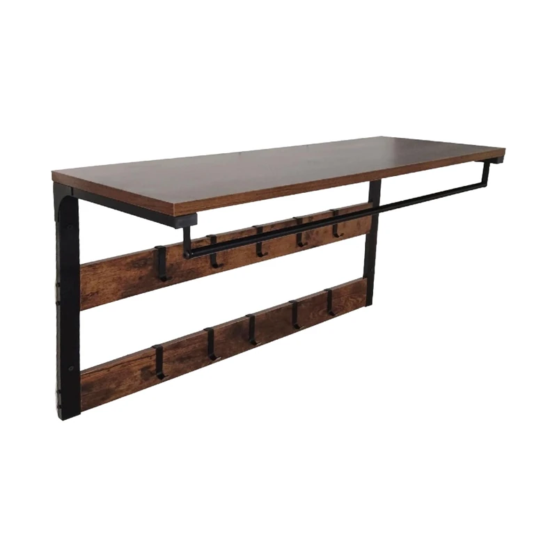 Relaxdays Wall Coat Rack with Shelf and 10 Hooks, MDF/Metal, Industrial Dark Brown/Black, 42x80x30 cm