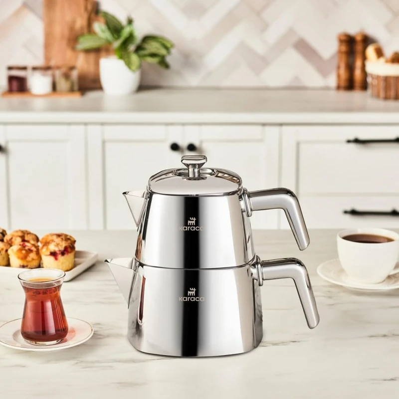 Karaca Brewinox Stainless Steel Teapot Set, 2 Pieces, 1L + 2L, 304 Stainless Steel, Metal Lid, Induction Safe, Dishwasher Safe