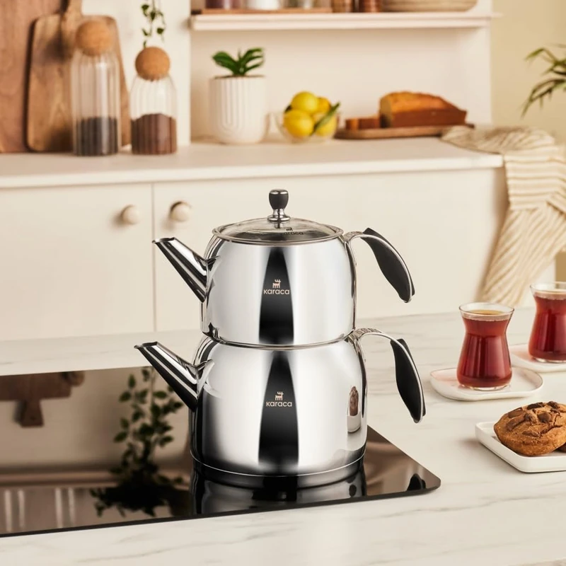 Karaca Stelly 304 (18/10) Stainless Steel Teapot Set, 2 Pieces, 1 L + 2 L, Glass Lid, Suitable for Induction, Dishwasher Safe - Image 1