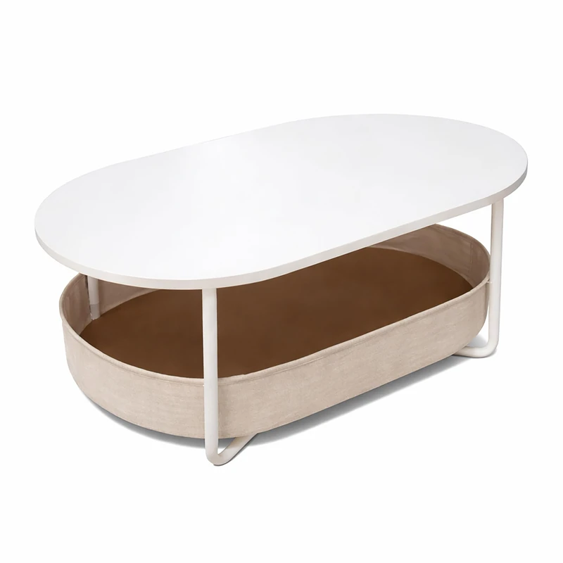 Relaxdays Oval Coffee Table with Fabric Basket, Storage, MDF & Metal, 55x100x45 cm, White-Beige