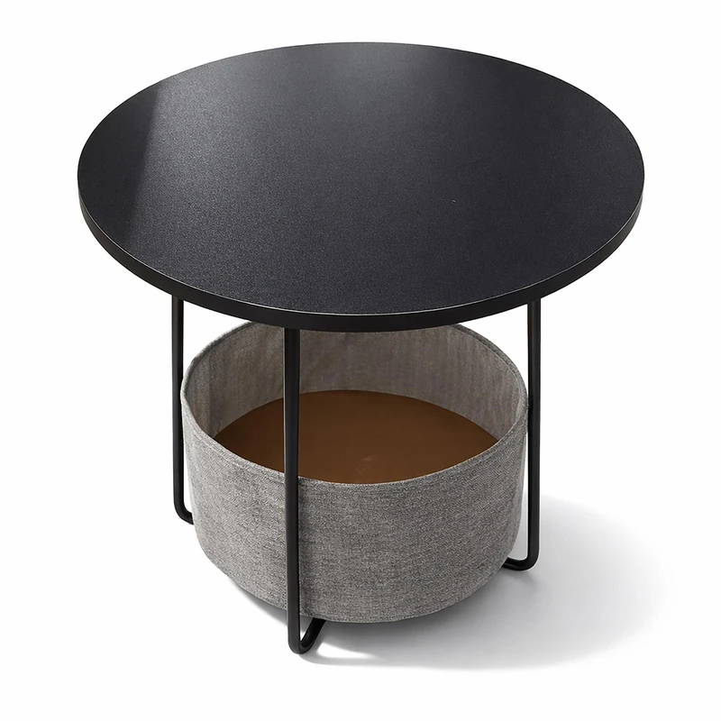 Relaxdays Round Coffee Table with Fabric Storage Basket, MDF and Metal, H50xD45cm, Black-Grey