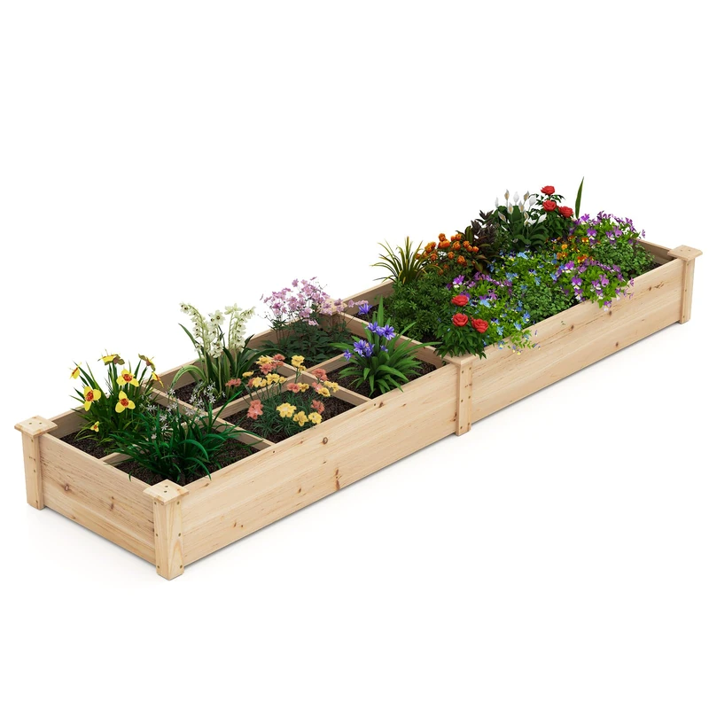 FANTASK Raised Bed Fir Wood, 228 x 62 x 25 cm, Flower Box with 2 Planters & Dividers, Garden Bed for Vegetables, Flowers & Herbs, Plant Bed for Garden, Patio, Balcony (Natural) - Image 1
